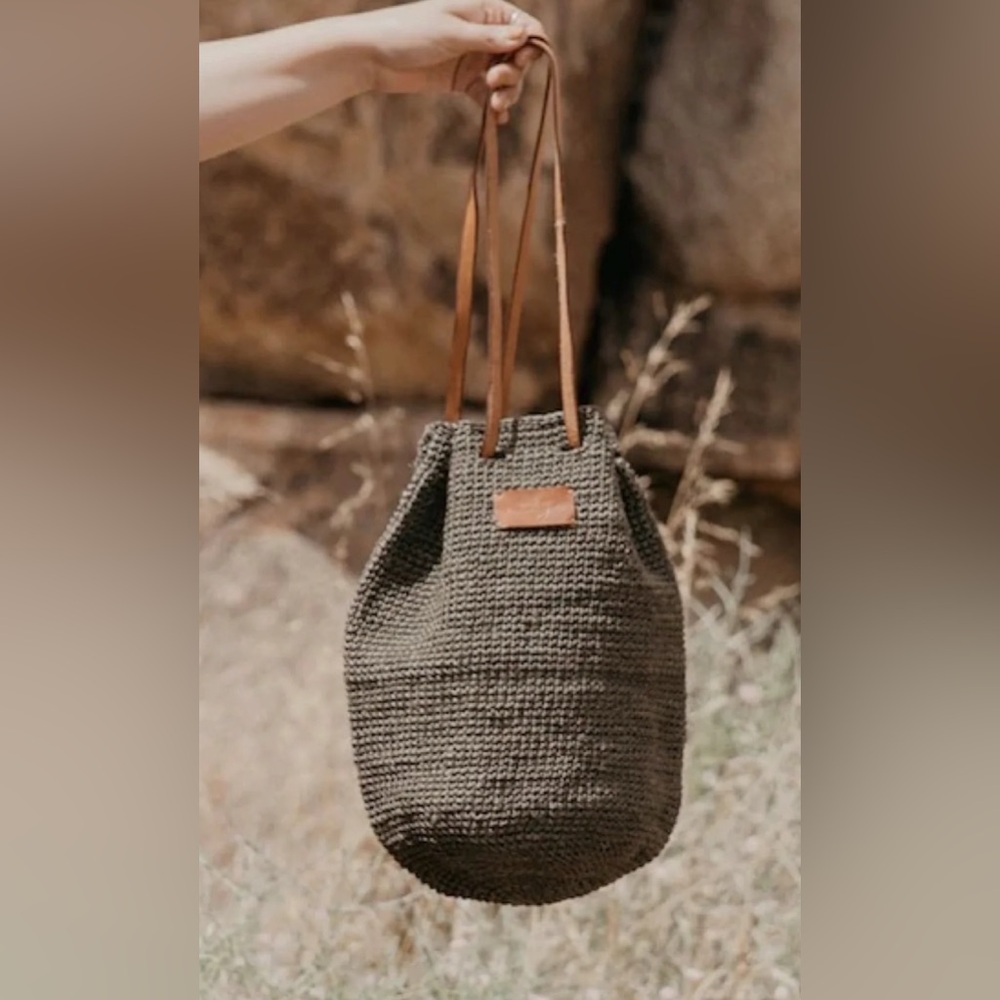 Handwoven Olive Green Crossbody Tote with Brown Leather Straps